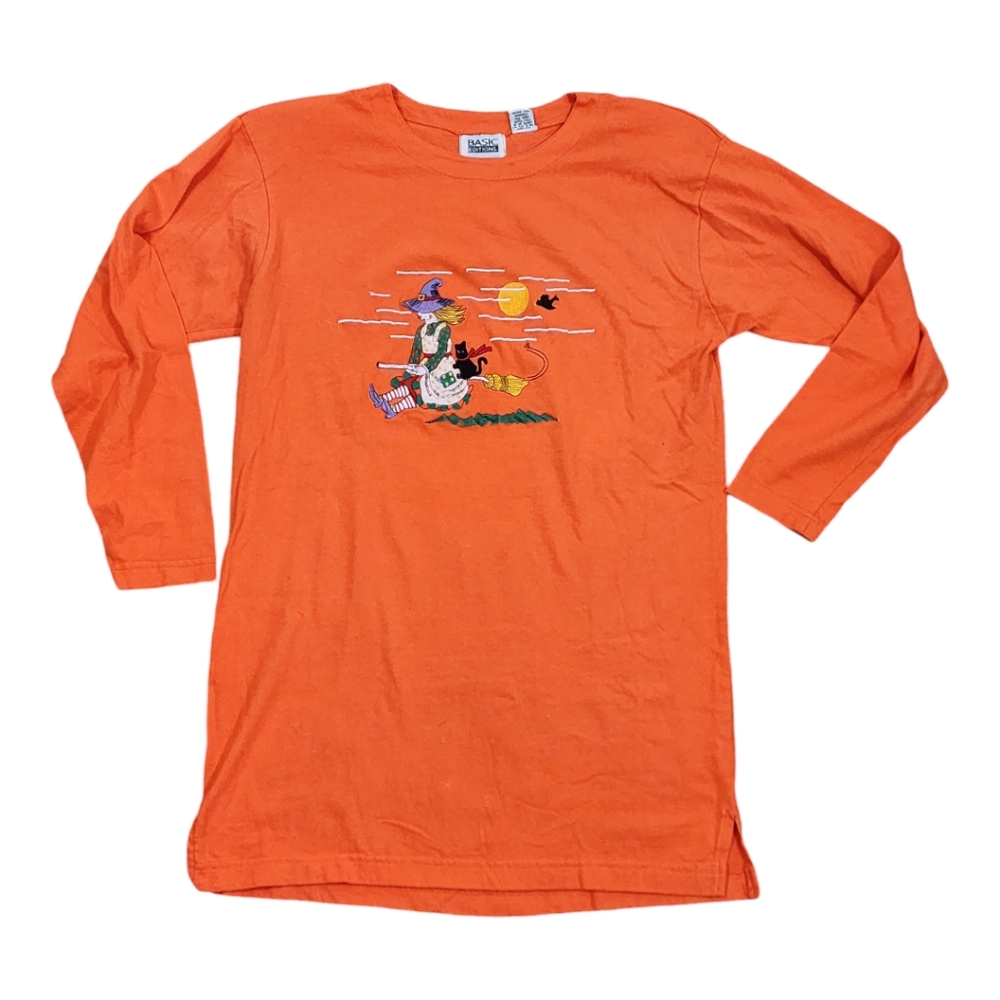 Basic Editions Vtg 90s Orange Halloween Long Sleeve T-Shirt Witch Broom Cat Sz L